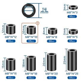 SWTYExt Spacer Sleeves M8 Round Spacers Pack of 50 Nylon Washers Plastic Spacer Sleeve ABS Rubber Spacer Insulation Washers 14 x 10 mm Black Spacers for M8 Screws
