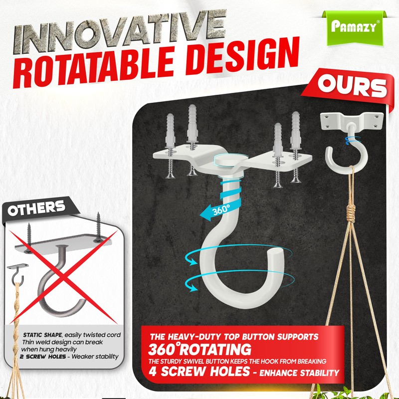 [UPGRADED] 2Pcs 200LBS Rotatable Ceiling Hooks with 4 Screw Points