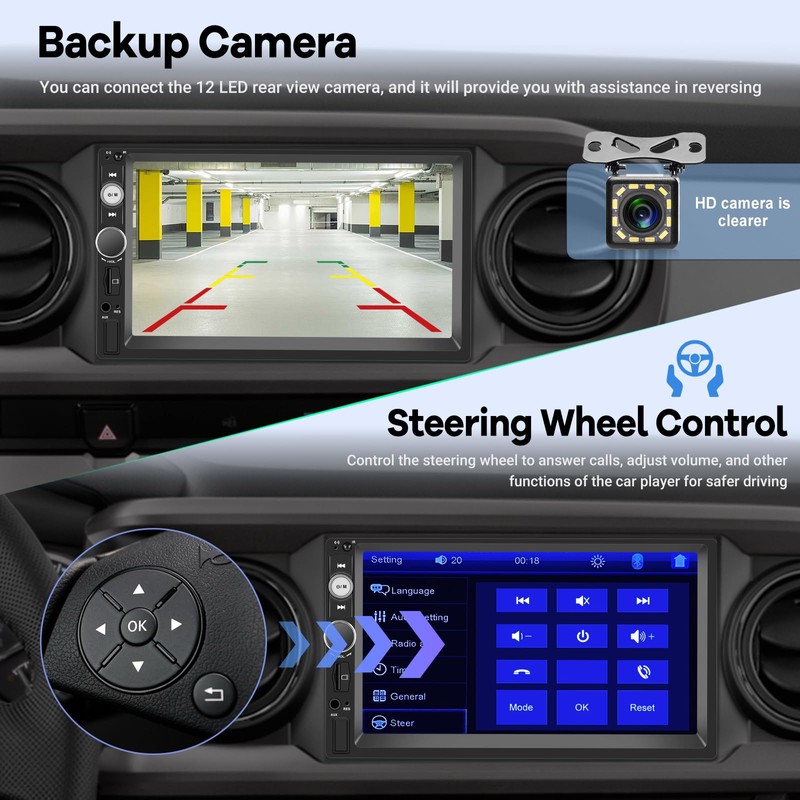 Double Din Car Stereo with Reverse Camera 7 inch Touch