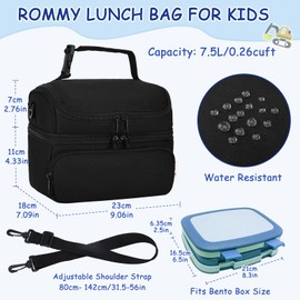 Kasgo Children's Lunch Bag, 7.5 L, Small Cool Bag, Boys and Girls, Two Compartments, Insulated Lunch Bag with Removable Shoulder Strap and Handle for School, Picnic, Travel, Party, Black