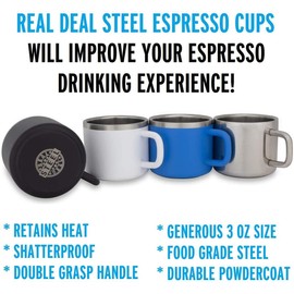 Stainless Steel Espresso Cups: Set of 4 Double Wall Insulated 3 oz Small Metal Cups with Handle, Assorted Color, Shatterproof, Demitasse, Keeps Espresso Hot