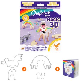 3D Unicorn & Rainbow Cookie Cutters with Recipe - Chefclub Kids - Multilingual, 4 Stainless Steel Magic Cookie Cutter, Video Recipe Included for Kitchen Baking for Kids Biscuit Cutter Baking Set