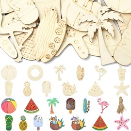 KitBeads 30 Stück 12 Stile Sommer Holzornamente Hawaiianische Ozean Holzausschnitte Surfbrett Slipper Palme Form für Party Malerei DIY Dekor Supplies