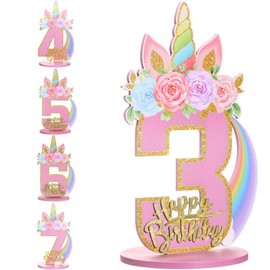 MiniInflat Unicorn 3/5/6th Birthday Number Sign Centerpiece for Girls 11.8 Inch Unicorn Number Wooden Table Decoration Unicorn Party Supplies for Kids Birthday Anniversary((Number 3)