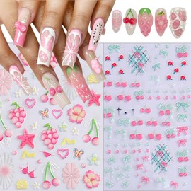 PODUOJIEYI 2 Sheets Summer Nail Art Stickers Decals 5D Embossed Flower Nail Decals Colorful Cherry Bow Starfish Nails Design Stickers Self-Adhesive Nails Art Supplies for Women DIY Manicure Decoration