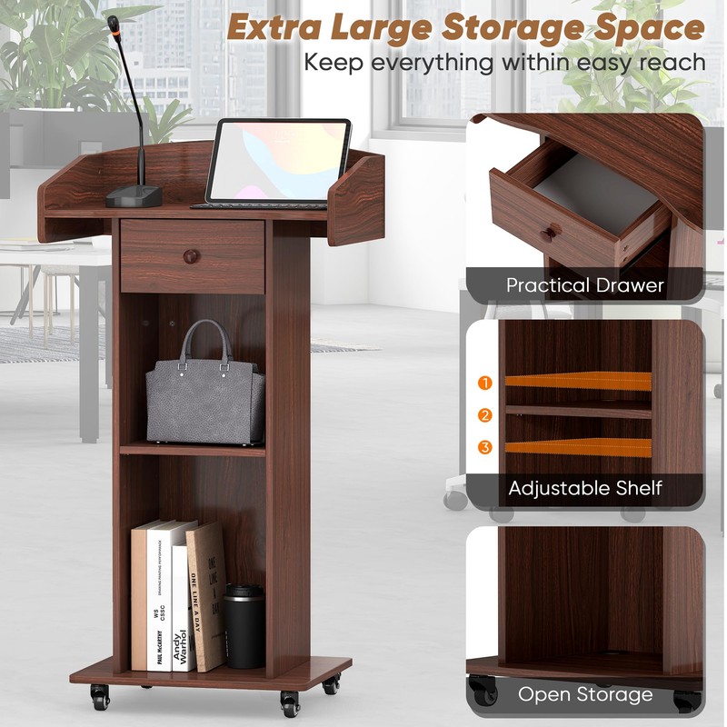 Portable Podium Stand with Metal Wheels, Rolling Podium with Drawer