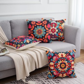 DakTou Cushion Covers 45 x 45 cm Linen Boho Retro Colourful Mandala Floral Cushion Cover Bohemian Ethnic Decorative Cushion Sofa Cushion Decorative Cushion Covers for Sofa Bedroom Living Room Set of 4