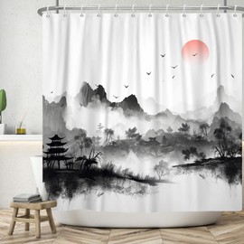ASDCXZ Shower Curtain 180 x 200 cm, Chinese Style Ink and Washing Painting Mountain Sunset Washable Bathroom Shower Curtains Polyester Textile Waterproof Shower Curtain for Bathtub with 12 Hooks