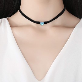 VIKI LYNN Black Velvet Choker Necklace Adjustable Blue Heart Moonstone Choker Collar Necklace