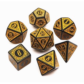 CREEBUY Polyhedral DND Dice Set 7Pcs Dice Set Fit for Dungeons and Dragons D&D RPG Table Games Yellow Polyhedral Dice with Vintage Pattern