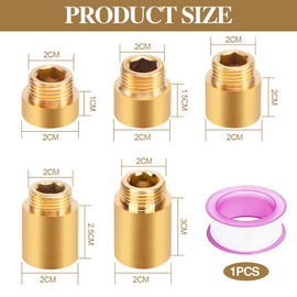 5 Piece Tap Extension 1/2 Inch, 1/2 Inch Extension x 10 mm/15 mm/20 mm/25 mm/30 mm, Brass Tap Extension, Thread Extension Extension Fitting for Taps Angle Valves