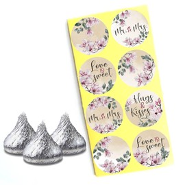 Mr. Mrs. Hugs and Kisses Wedding Candy Stickers by Adore By Nat - Love is Sweet Floral Party Favor Labels Fit Kisses with Magnolia Flower - Set of 240 (W. Vintage Beige)