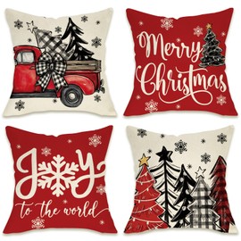 Fahrendom Merry Christmas Decorative Throw Pillow Covers 18 x 18 Set of 4, Xmas Tree Truck Joy to The World Porch Patio Outdoor Pillowcase, Winter Holiday Snowflake Sofa Couch Cushion Case Home Decor