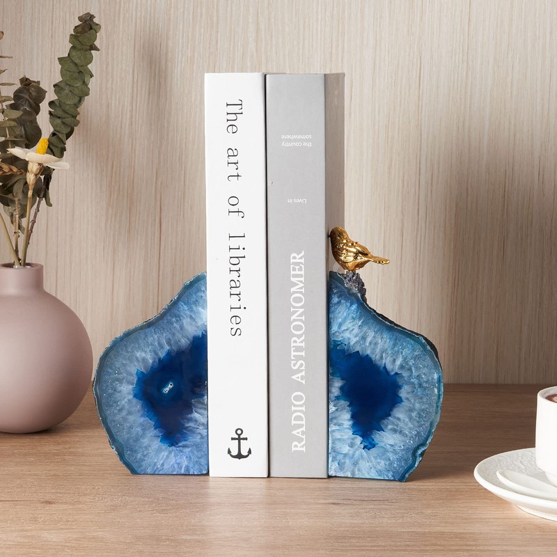 Yougoals Blue Agate Bookends for Shelves, Geode Crystal Book Ends