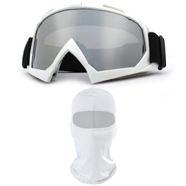 immoono Motorcycle Goggles with Face Mask, Dirt Bike Goggles Windproof Dustproof Racing Goggles Ski Goggles Protective Safety Glasses with Balaclava, White Frame Silver Lenses