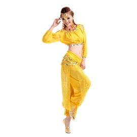 Grouptap Genie arabian slit long sleeve chiffon belly dance women 3-pc costume dress outfit (top, pants, waist scarf only) (Yellow, S)
