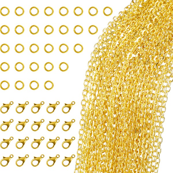 33 Foot Gold Plated Link Chain Necklace with 30 Jump Rings and 20 Carabiners for Jewellery DIY Making (1.5 mm)