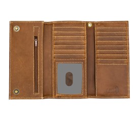 Genuine Leather Long Wallet for Men, Trifold & Checkbook, RFID Blocking, Multiple Card Slots, Zipper Coin Pocket - Design in U.S.A - Side Slip Bills Slots (J212B, Rustic Brown)