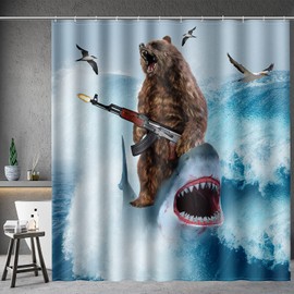 Aimego Funny Shower Curtains Shark Bear Shower Curtain Set with 12 Hooks for Bathroom Decor Accessories Bathtub Curtain, 72"x72"