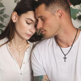 TINGN Silver 925 Silver Cross Chain Men's Silver/Black Chain with Cross Pendant 18 K Gold-Plated Necklace for Men Children Son 41 46 51 56 61 cm Cross Chain, Sterling Silver