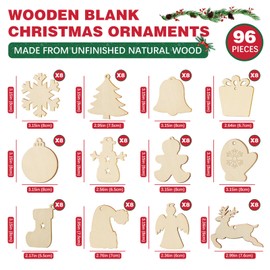 WOWOSS 96PCS Wooden Christmas Ornaments for Crafts, Unfinished Wood DIY Ornaments to Paint, with 10PCS Glitter Glue, 12PCS Acrylic Markers, 96PCS Short Ropes, 16.4ft Long Rope, and 96PCS Mini Bells