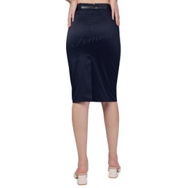 femiss Women Satin Skirt Ladies Pencil midi Bodycon Stretch Shine Skirt with Belt (Satin Navy-PKT-8)
