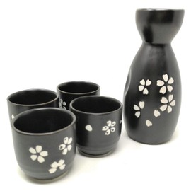 TJ Global 5-Piece Sake Set, Durable Ceramic Japanese Sake Set with 1 Carafe/Decanter/Tokkuri Bottle and 4 Ochoko cups for Hot or Cold Sake at Home or Restaurant - Black with White Flower Petal Design