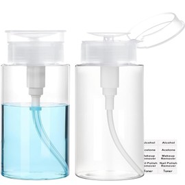 Push Down Pump Dispenser, 6.8oz Clear Pump Bottles with Alcohol, Acetone, Nail Polish Remover, Makeup Remover, Toner Stickers Empty Push Top Container for Liquid (200ml-2Pack)