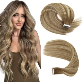 Sassina Tape in Extensions Human Hair Invisible Double Side Skin Weft Tape in Remy Hair Extensions Dark Brown to Blonde 18 Inch 50 Grams 20 Pcs #T3-P3-60