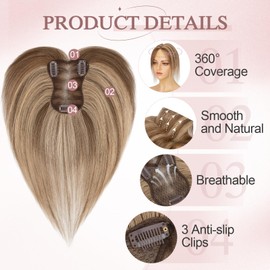 SEGOHAIR Real Hair Topper for Women with Side Bangs - 21 g Hand Tied Base Hair Topper Breathable Tulle Net Lace Base 100% Real Hair Clip in Topper Medium Brown/Dark Blonde