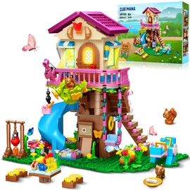 CUBIMANA Treehouse Building Toys with LED Light - 618PCS Tree House Building Block Sets, 3-Storey Up House Building Set with Slide & Stickers, for Kids Girls Boys Age 6 7 8 9 10 11 12+
