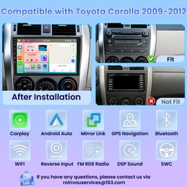 Roinvou 8 Cores 4+64G Android Radio Upgrade for Toyota Corolla 2009-2012, 9'' HD Touchscreen with Wireless CarPlay Android Auto GPS Navigation WiFi Backup Camera Mirror Link Bluetooth RDS Mic