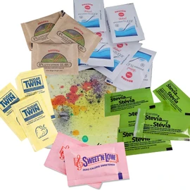 Sugar Bliss Delight: Ultimate Sweetener Pack 125 packets of sweetner total - 25 Sugar twin - 25 Plantation Raw Sugar - 25 White Granulated Sugar - 25 Stevia Extract - 25 Sweet & Low - Somethingfor every taste buds! + Original Abstract Art Coaster by PaLi