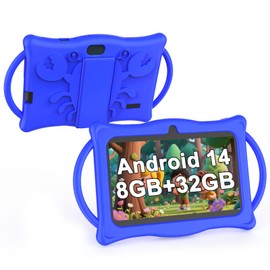 BYANDBY Kids Tablet, 7 inch Android 14 Tablet for Kids, 8GB+32GB ROM+1TB Expand Quad-Core Toddler with Shockproof Case, BT, WiFi, Parental Control, Dual Camera, Games (Blue)