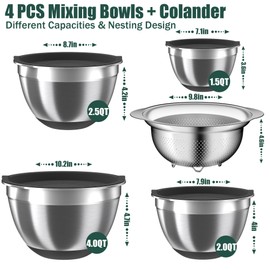 Mixing Bowls with Airtight Lids Set, 4 Stainless Steel Bowls Nesting Bowls & Colander, Kitchen Organizers and Storage Non-Slip Bottom, Size 1.5/2.0/2.5/4.0QT, Great for Mixing & Serving, Black