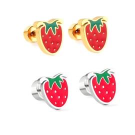 QLUYCKW 2 Pairs Cute Red Strawberry Stud Earrings for Women 14K Gold Plated Dainty Small Fruit Strawberry Piercing Earrings Summer Party Vacation Jewelry, Small, Alloy Steel, No Gemstone