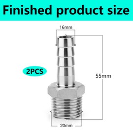 QZKJQDD 2 Pcs Stainless Steel Barb Hose Fitting, 16 MM Barb to 1/2" BSP Male Hose Barb Fittings, Compression Fitting for Water, Industrial