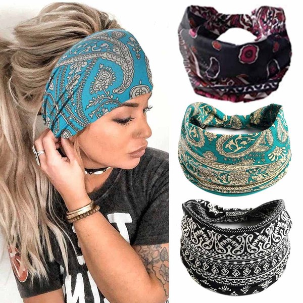 Zoestar Boho Wide Headbands Black Yoga Headscarves Vintage Printed Hair Bands Knotted Turban Headbands Stylish Elastic Thick Bandeau Hair Accessories for Women and Girls (Pack of 3)