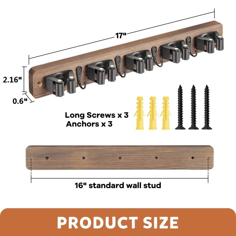 Imillet Broom Holder Wall Mount, Rustic Wood Broom Hanger with