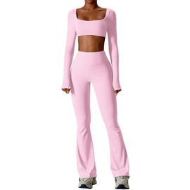 ABOCIW Workout Sets for Women Square Neck Long Sleeve Crop Top Scrunch Butt Lifting High Waist Flare Leggings 2 Piece Gym Yoga Outfits Y-Pink Small