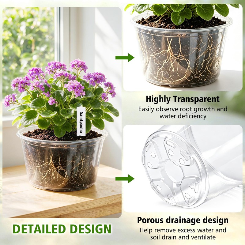16 Pack 12/10/8/6 Inch Clear Nursery Pots with Drainage, Large