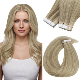 Sunny Hair Tape in Hair Extensions Human Hair Invisible Tape in Hair Extensions Straight Tape in Extensions Hair Extensions for Women 20Pcs 22inch Blonde with Golden Blonde Highlight