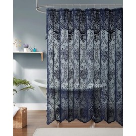 Warm Home Designs Navy Blue Lace Shower Curtain 72 x 84 Inches with Attached Valance & 7 Tassels. Luxury Farmhouse Shower Curtains for The Bathroom or Boho Shower Curtains for Bathroom. LA Navy 84"