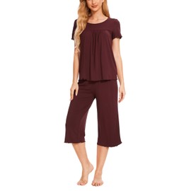 LazyCozy Pajamas for Women - Viscose made from Bamboo, Summer Short Sleeve Top with Capri Pants 2 Piece Pjs Set, C - Ficus Red, Large