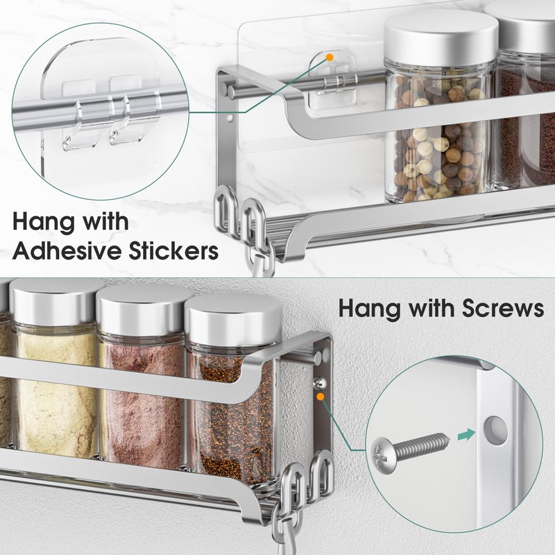 LUCYCAZ 4 Pack Wall Mounted Spice Rack with 16 Hooks,