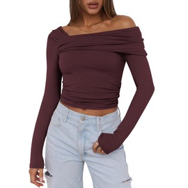 ANRABESS Womens One Off Shoulder Shirts Long Sleeve Going Out Crop Tops Ruched Tight Casual Blouse 2025 Trendy Burgundy Red Medium