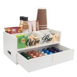 Intarsio 2-Tier Coffee Bar Organizer with Clear Acrylic Top, Built-in Drawer and Leather Handle Pull for Countertop, Stylish Coffee Station Storage Box for Accessories, Pods, Great Gifts for Home