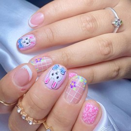 24Pcs Cute Press on Nails Short Square French Tip Fake Nails Easter Bunny Glue on Nails Glossy Acrylic Press on Nails Flower Rabbit False Nails Stick on Nails for Women Easter Party Manicure Decor