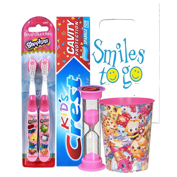 Shopkins 5pc Bright Smile Oral Hygiene Bundle! 2pk Manual Toothbrush, Toothpaste, Brushing Timer & Mouthwash Rise Cup! Plus Dental Gift Bag & Tooth Saver Necklace!