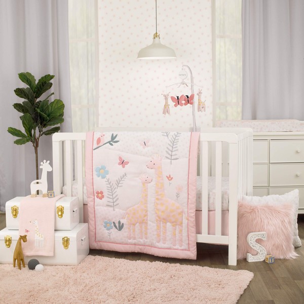 Carter's Pretty Pink Giraffes Multi Colored 3Piece Crib Bedding Set - Comforter, Fitted Crib Sheet, & Crib Skirt, Pink, Yellow, Teal, Coral